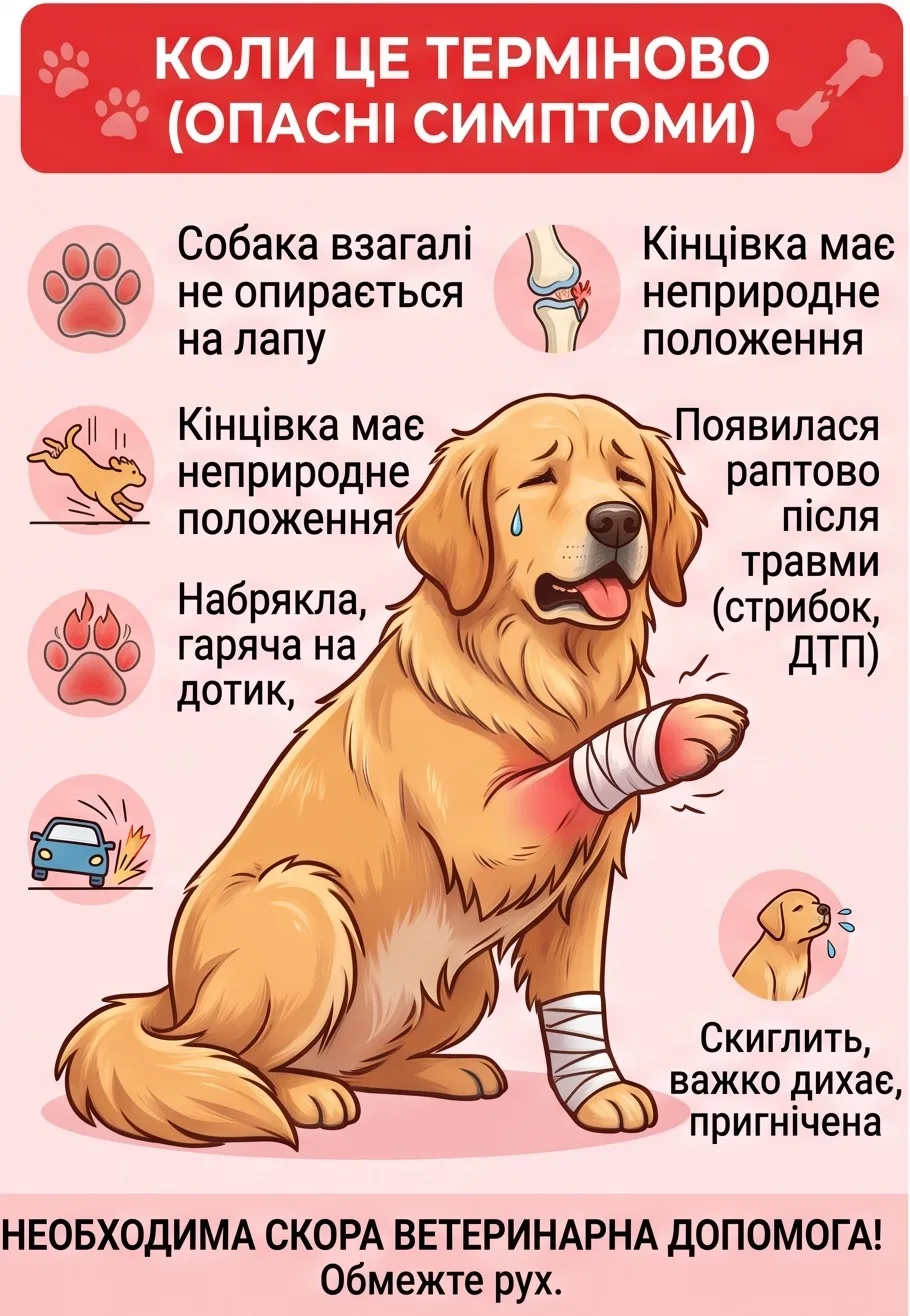 Інфографіка: тривожні симптоми кульгавості у собаки, що вимагають термінового звернення до ветеринара