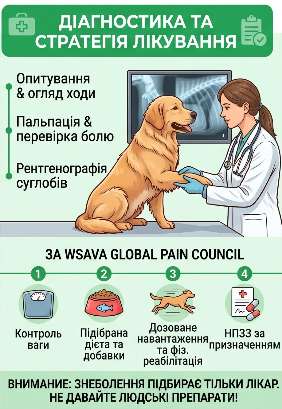 Інфографіка: етапи діагностики кульгавості та стратегія лікування за WSAVA Global Pain Council